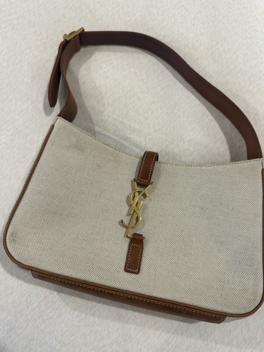 Saint Laurent Beige Canvas and Brown Leather YSL Shoulder Bag with Gold Hardware